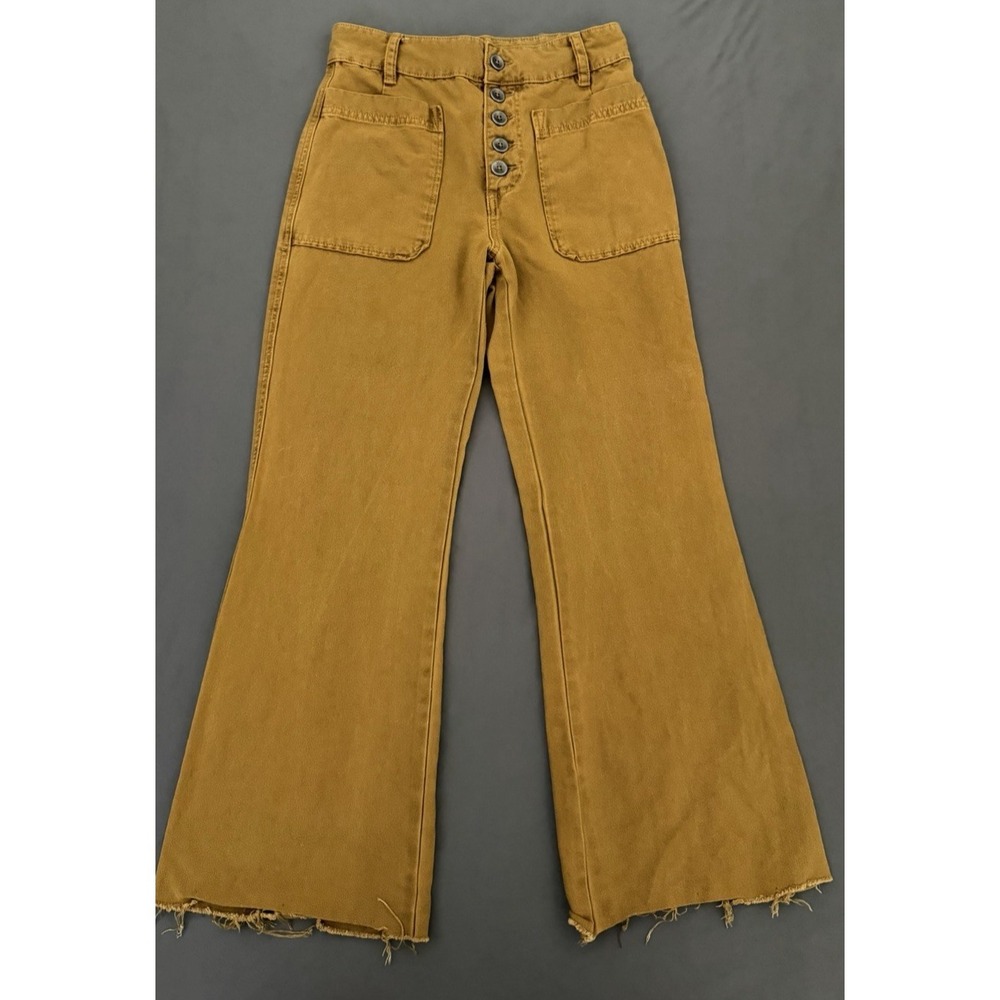 Free People Corin Pants Womens Size 0 Mustard Mid Rise Button Fly Wide Leg Boho